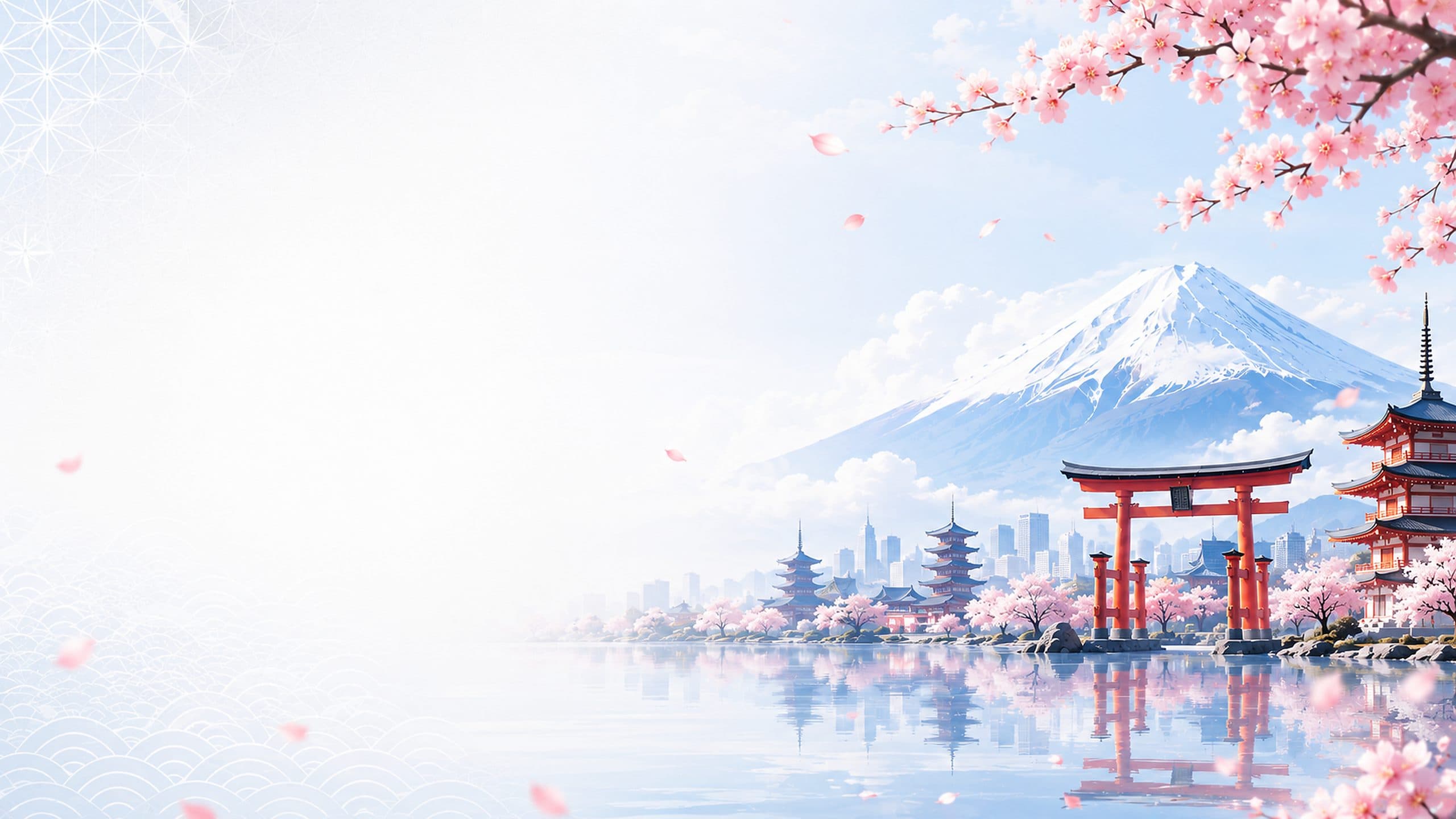 Ilustrasi Jepang: Gunung Fuji, gerbang torii, dan bunga sakura